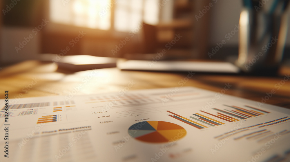 Financial charts and graphs on wooden desk in warm sunlight Financial charts and graphs on wooden desk in warm sunlight