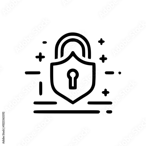 Abstract icon of a padlock and shield, symbolizing security and protection, in a minimalist black and white design.
