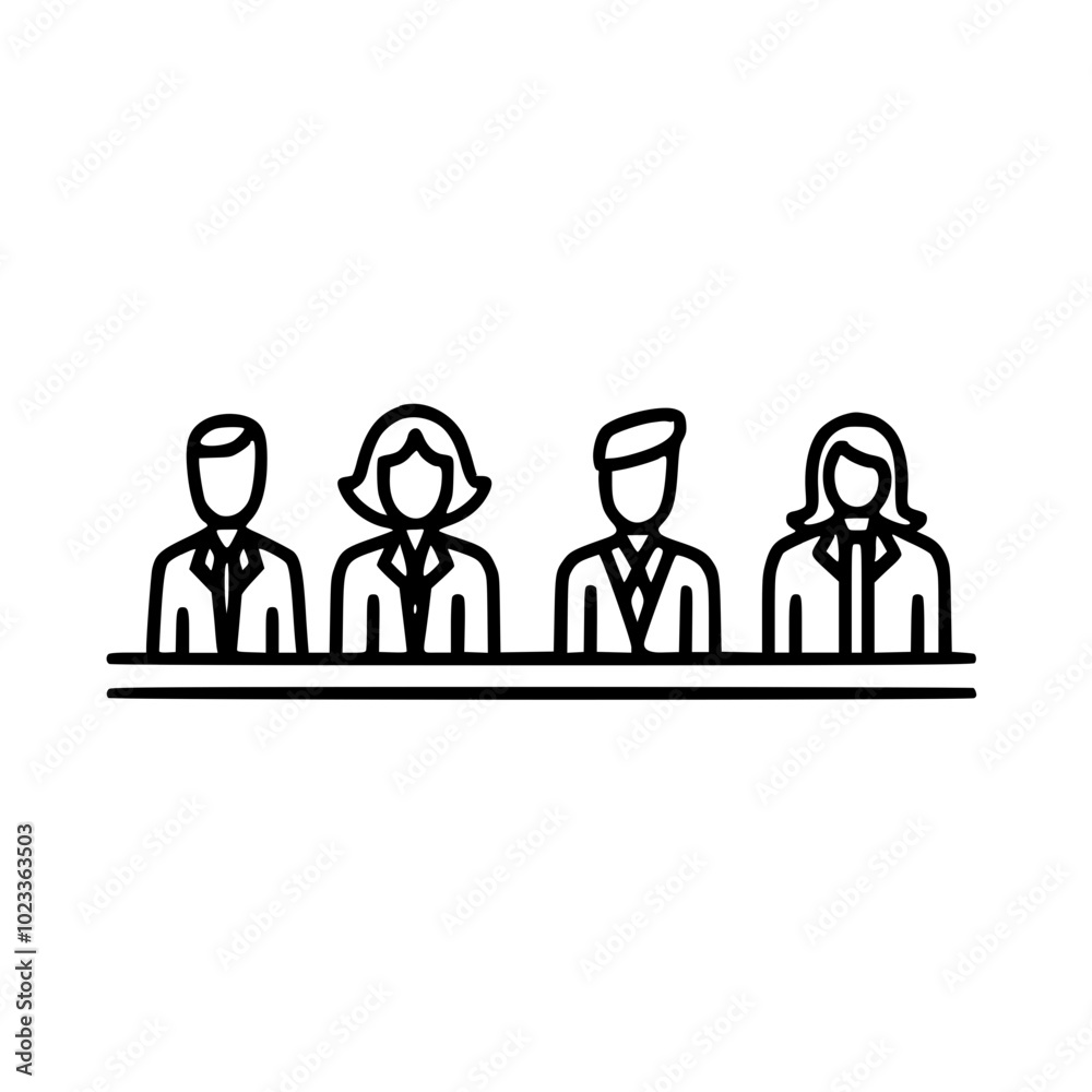 Outline illustration of a diverse group of professionals, including men and women, seated at a conference table. Outline illustration of a diverse group of professionals, including men and women, seated at a conference table.