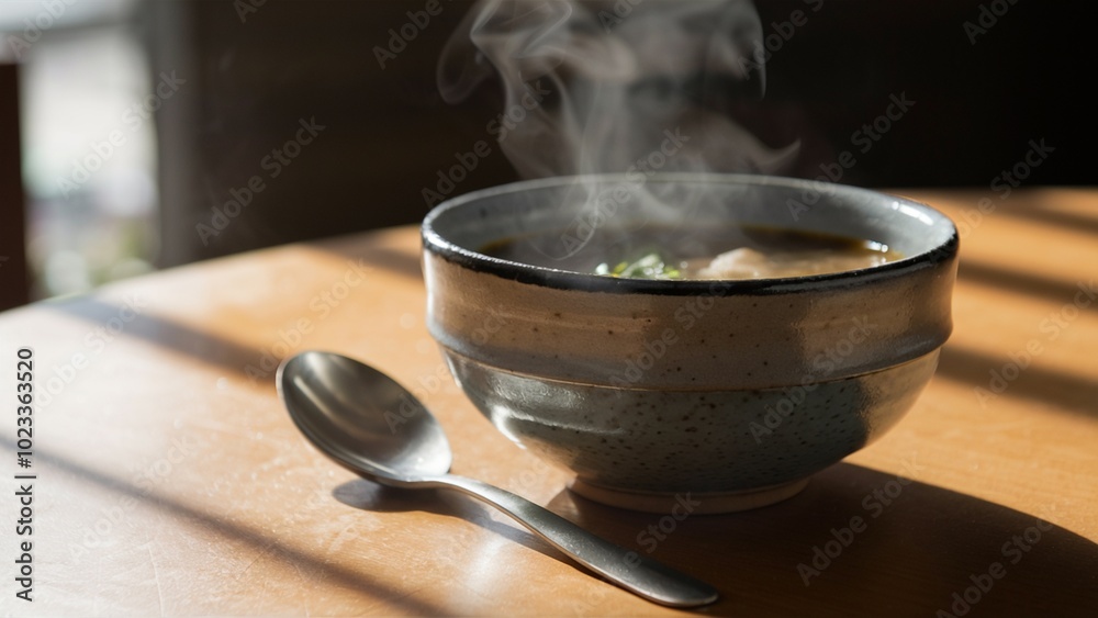 A bowl of hot soup with spoon on wooden table A bowl of hot soup with spoon on wooden table