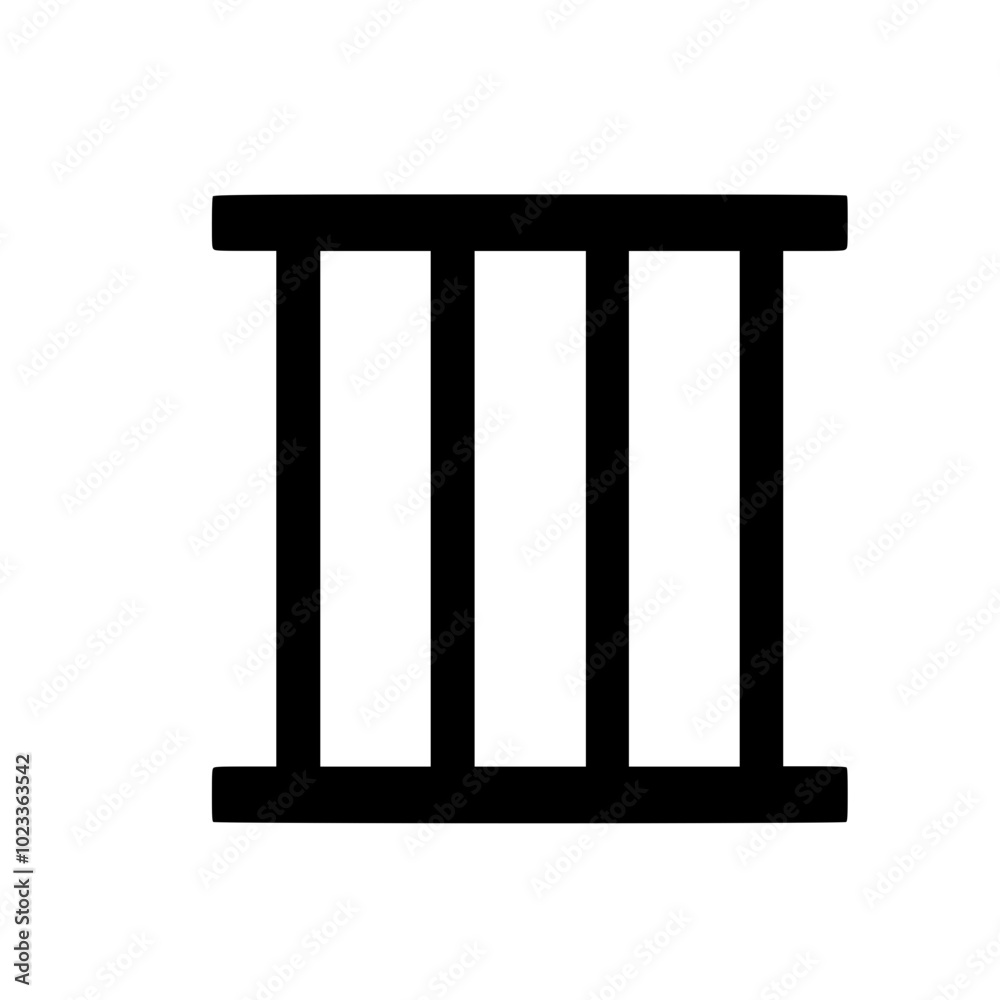 Minimalist black and white icon of vertical bars resembling a prison or jail symbol on a solid white background.