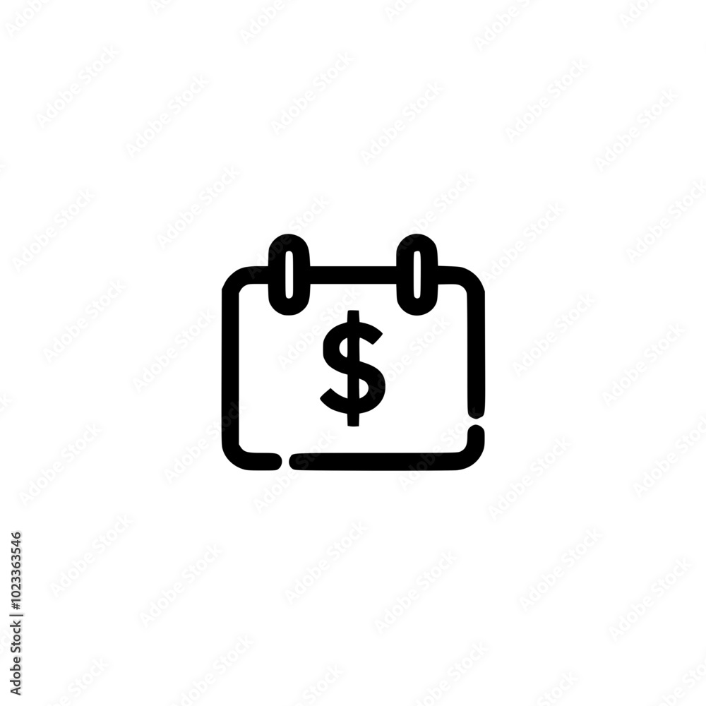 Minimalistic black and white icon of a calendar with a dollar sign, symbolizing financial planning and budgeting, set against a simple white background. Minimalistic black and white icon of a calendar with a dollar sign, symbolizing financial planning and budgeting, set against a simple white background.