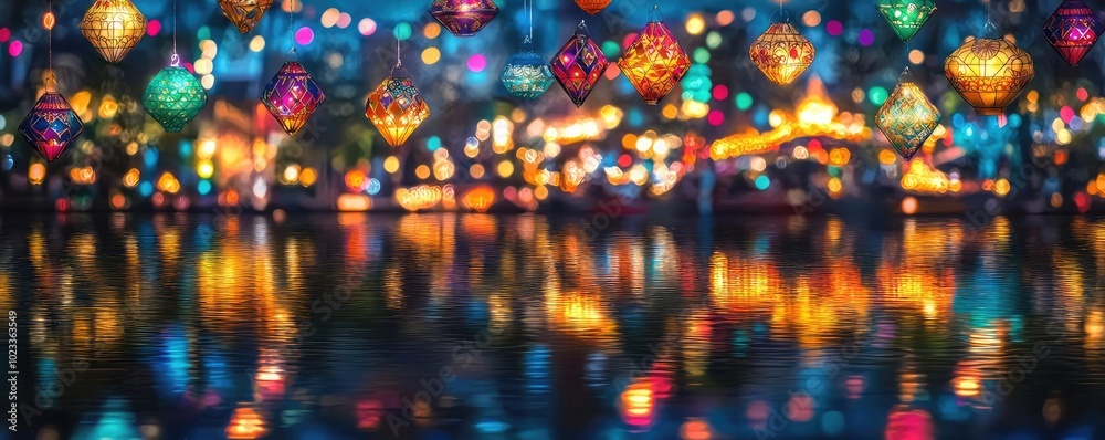 Vibrant lanterns illuminate a serene water surface, creating a mesmerizing reflection of colorful lights. Vibrant lanterns illuminate a serene water surface, creating a mesmerizing reflection of colorful lights.