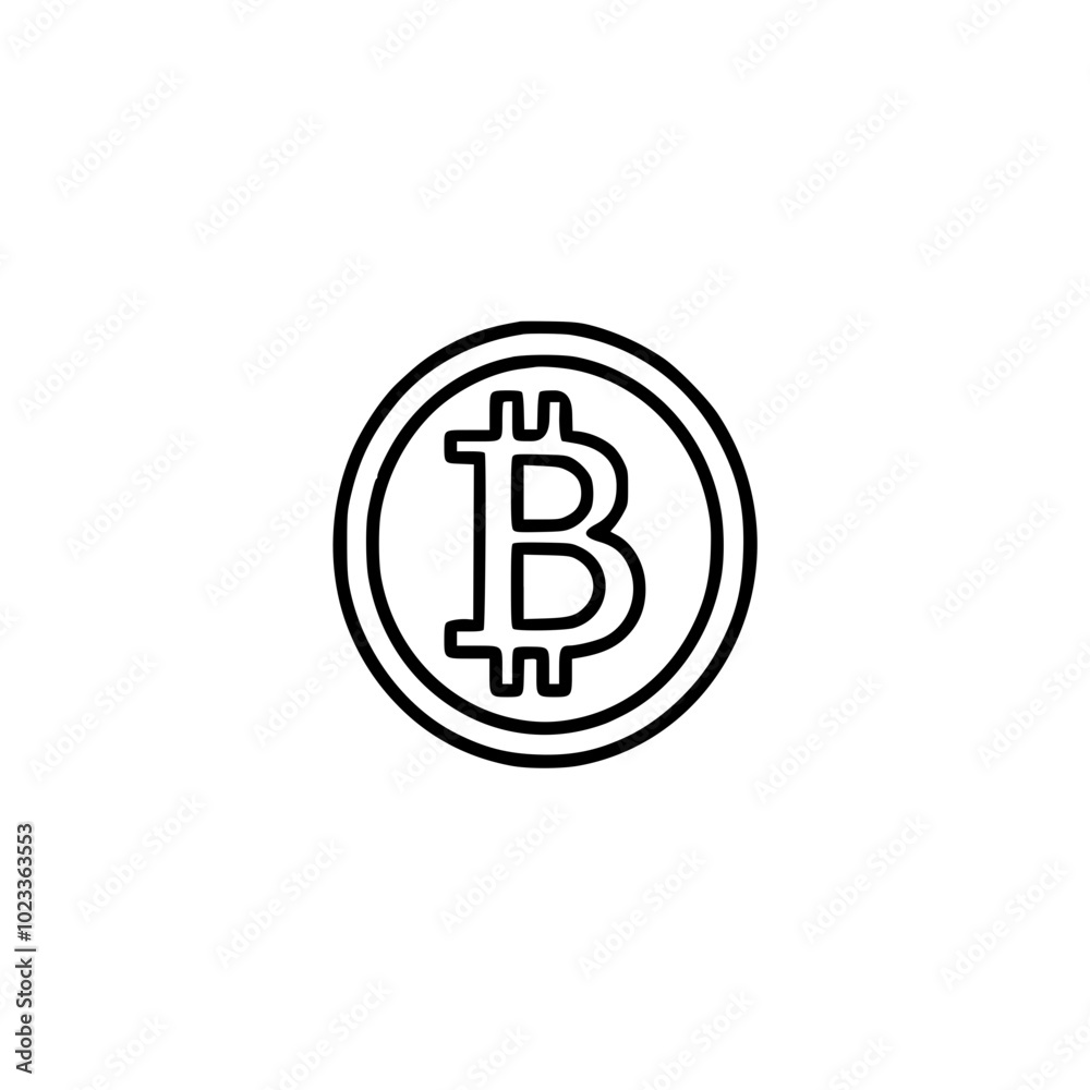 Obraz premium Minimalist black and white Bitcoin icon symbolizes cryptocurrency and digital finance in a simple, clean design.