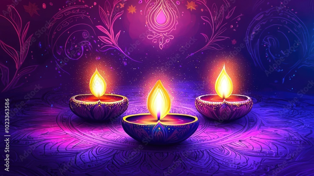 Three illuminated oil lamps against a vibrant purple background, creating a serene and festive atmosphere. Three illuminated oil lamps against a vibrant purple background, creating a serene and festive atmosphere.