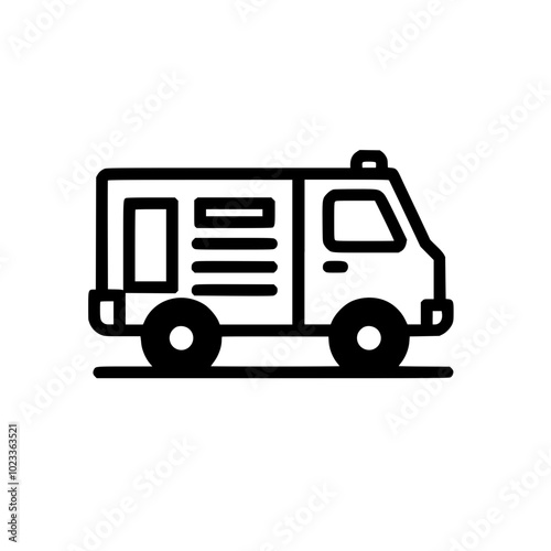 Black and white SVG icon of a fire truck on a plain background, showcasing a simple and minimalist design with clean lines and a classic emergency vehicle shape.