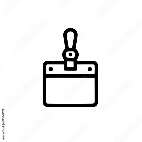 Minimalistic black and white icon of an ID badge with a simple clip on top, symbolizing identification and organization.