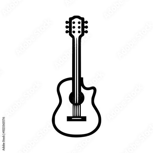 Simple black and white illustration of a guitar icon with six strings on a clean, white background.