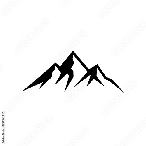 Minimalist black mountain silhouette icon on a clean white background, emphasizing sharp lines and geometric shapes, representing simplicity and strength.