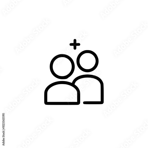 Minimalist icon depicting the concept of adding a new user, featuring two outlined figures and a plus sign on a white background.