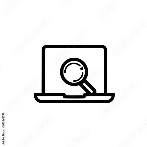 Outline icon depicting a laptop with a magnifying glass symbol on its screen, representing online search or research functionality.