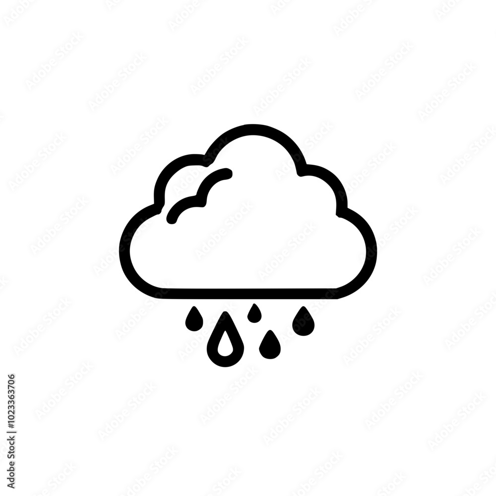 Simple black and white icon depicting a cloud with raindrops, symbolizing rain or weather forecasting, on a plain background. Simple black and white icon depicting a cloud with raindrops, symbolizing rain or weather forecasting, on a plain background.