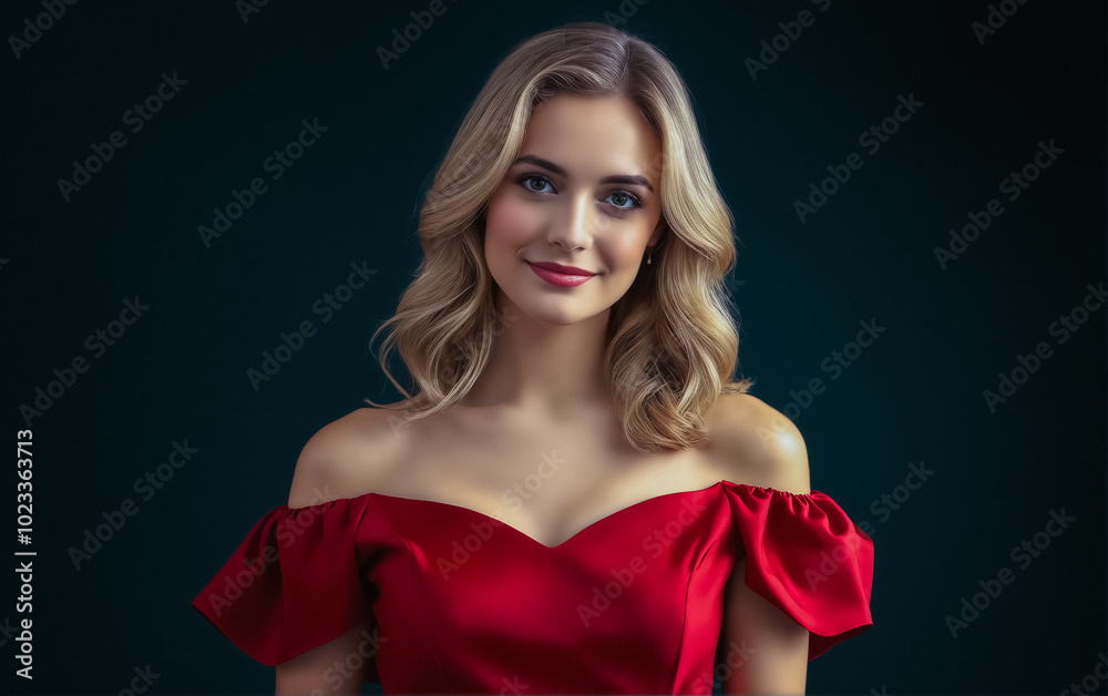 Portrait Attractive young woman in red dress. Outfit for New Year's party. Portrait Attractive young woman in red dress. Outfit for New Year's party.