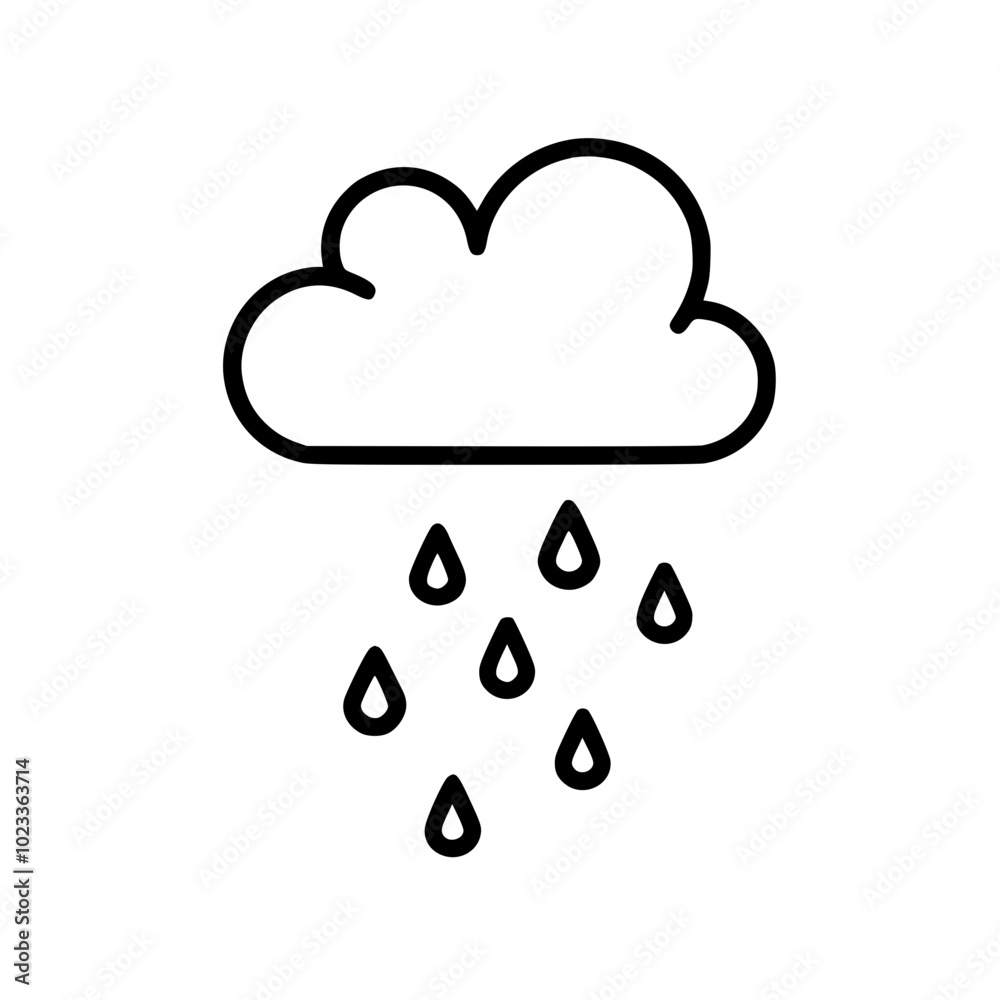 Simple black and white line art icon depicting a cloud releasing raindrops against a plain background. Simple black and white line art icon depicting a cloud releasing raindrops against a plain background.