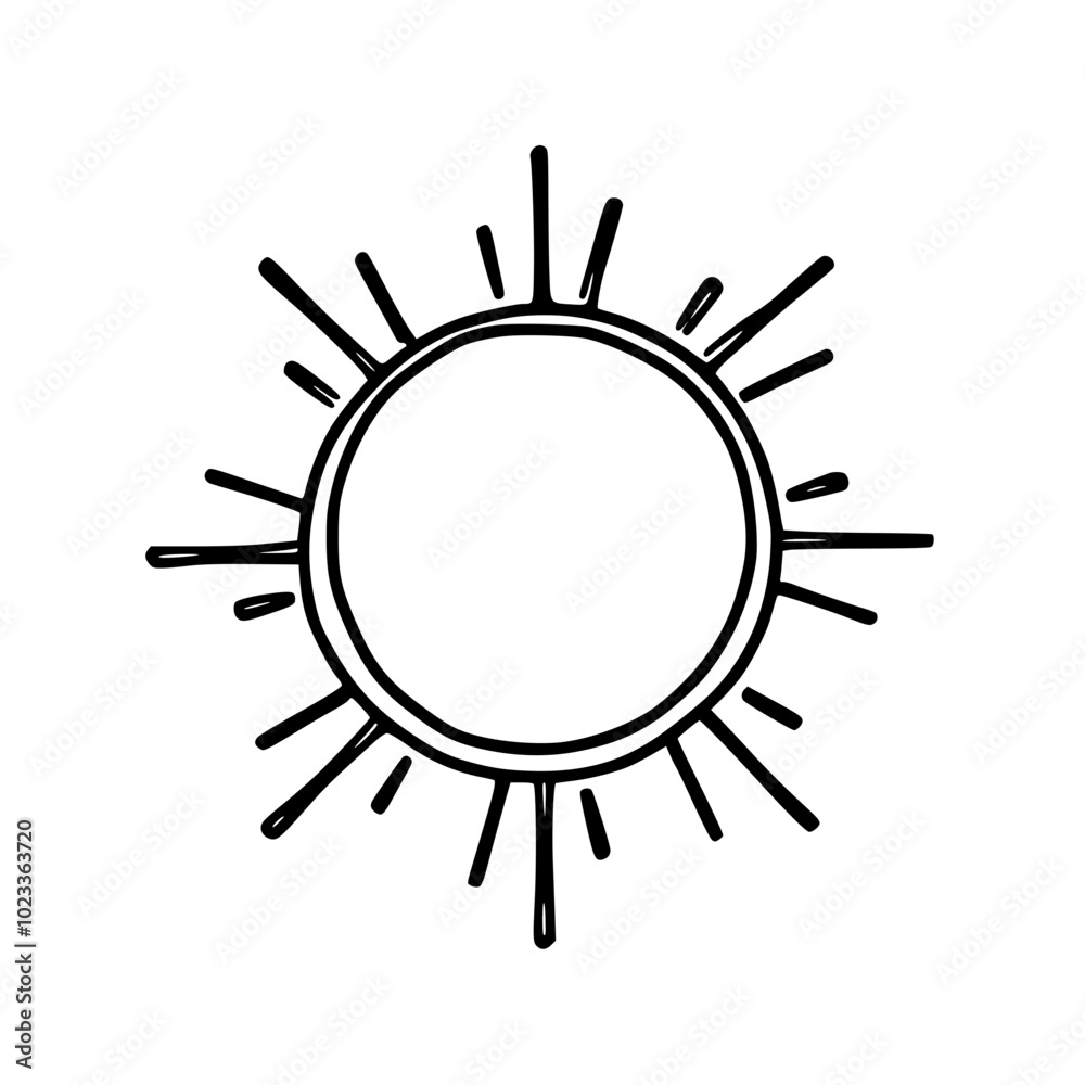 Simple black and white illustration of a sun symbol with radial lines on a plain white background. Simple black and white illustration of a sun symbol with radial lines on a plain white background.