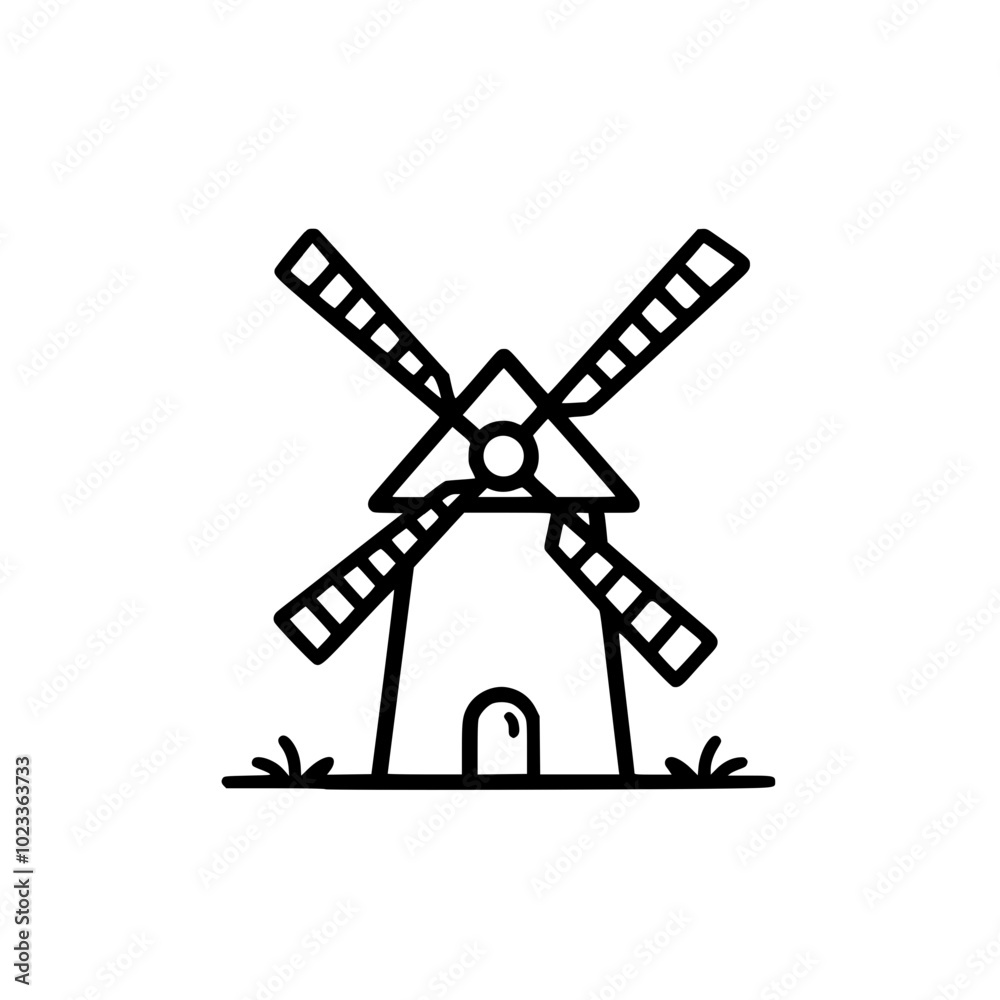 Simple black and white illustration of a traditional windmill with four blades on a plain background. Simple black and white illustration of a traditional windmill with four blades on a plain background.