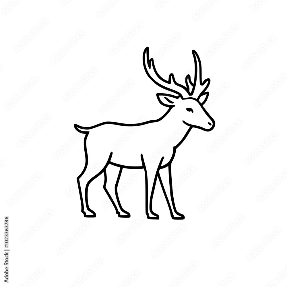 Minimalist black and white line drawing of a deer with antlers, standing gracefully with a simple and elegant outline on a white background. Minimalist black and white line drawing of a deer with antlers, standing gracefully with a simple and elegant outline on a white background.