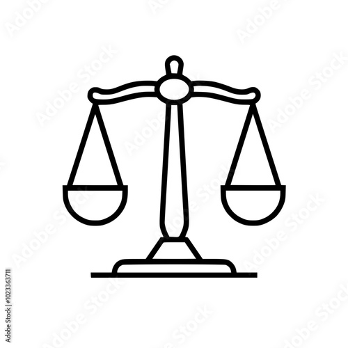 Black and white line icon of a balanced scale, symbolizing justice and fairness, set against a plain white background.
