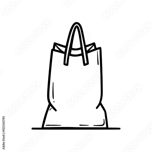 Monochrome line art of a minimalistic eco-friendly shopping bag with handles, set against a clean white background, symbolizing sustainability and simplicity.