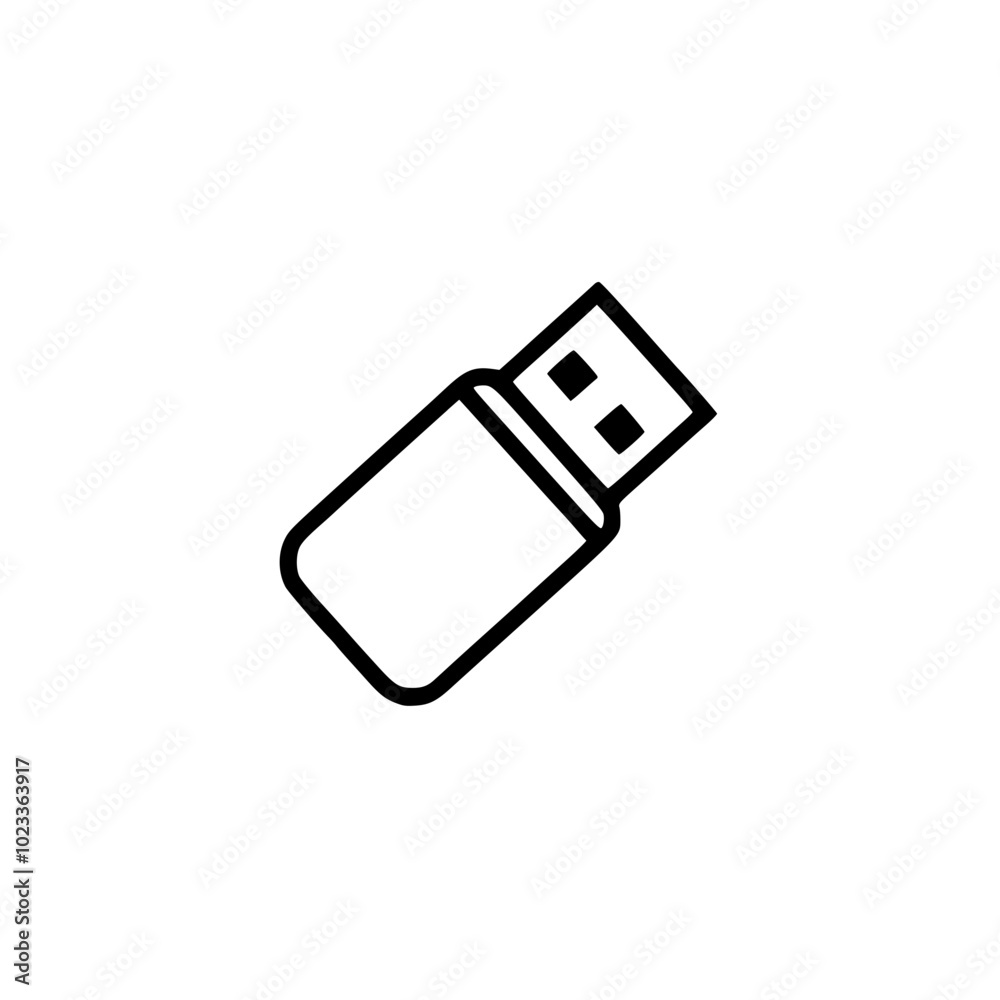Simple black outline icon of a USB flash drive on a plain white background, representing data storage and file transfer technology. Simple black outline icon of a USB flash drive on a plain white background, representing data storage and file transfer technology.