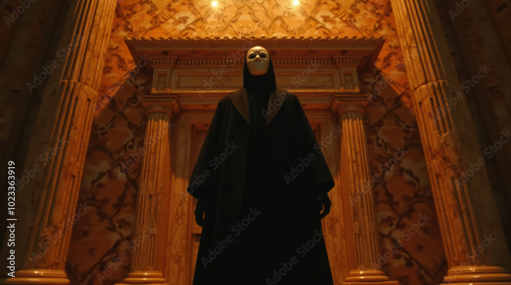 Person with white mask and black cloak standing in ornate room Person with white mask and black cloak standing in ornate room