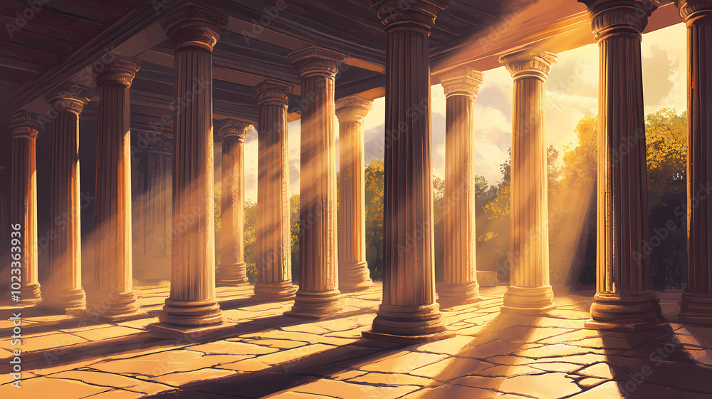 Fototapeta premium Sunlit columns in an ancient greek temple. Ancient Greek Temple. Illustration
