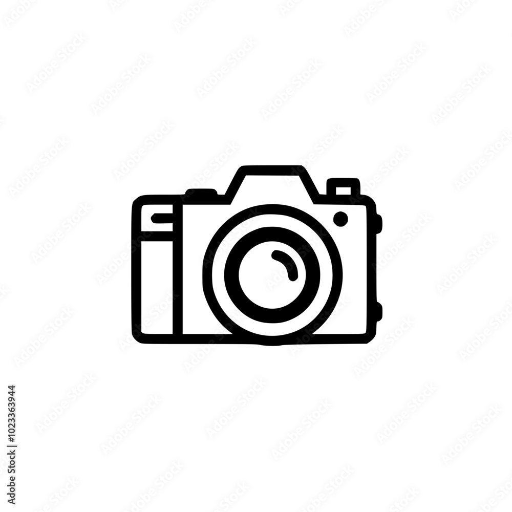 Minimalist black and white illustration of a camera icon depicting simplicity and elegance.