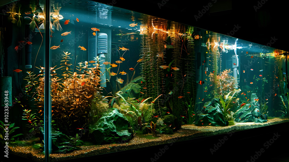 Fototapeta premium Large home aquarium with lush green plants and colorful fish. Concept of home hobby, aquascaping, and freshwater aquarium keeping.