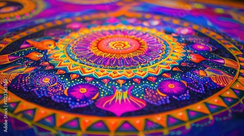 Vivid mandala design featuring intricate patterns and vibrant colors, creating a mesmerizing visual experience for art enthusiasts.