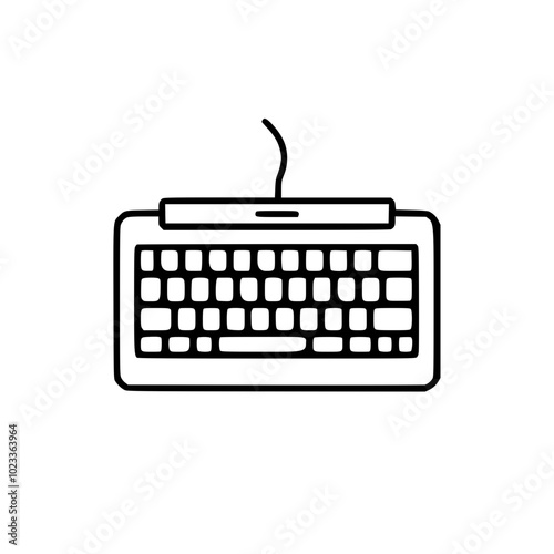 Minimalistic black and white line drawing of a classic computer keyboard with a cord, on a plain white background.