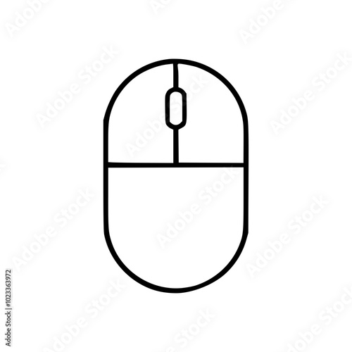 Simple black and white line drawing of a computer mouse on a white background, showing its basic structure and components with a minimalistic design.