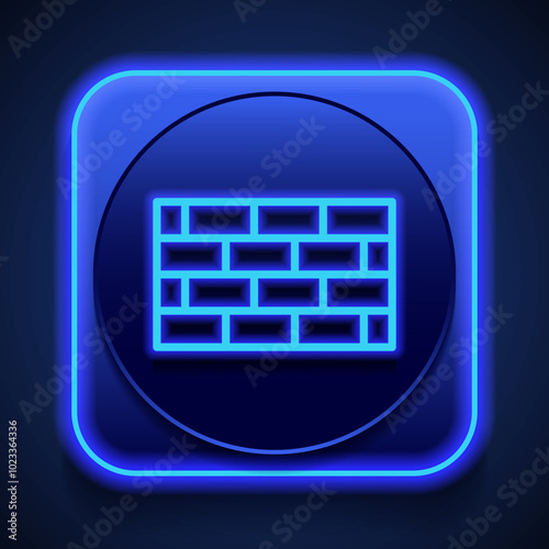 Bricks, wall simple icon. Flat design. Blue neon style on button. With shadow