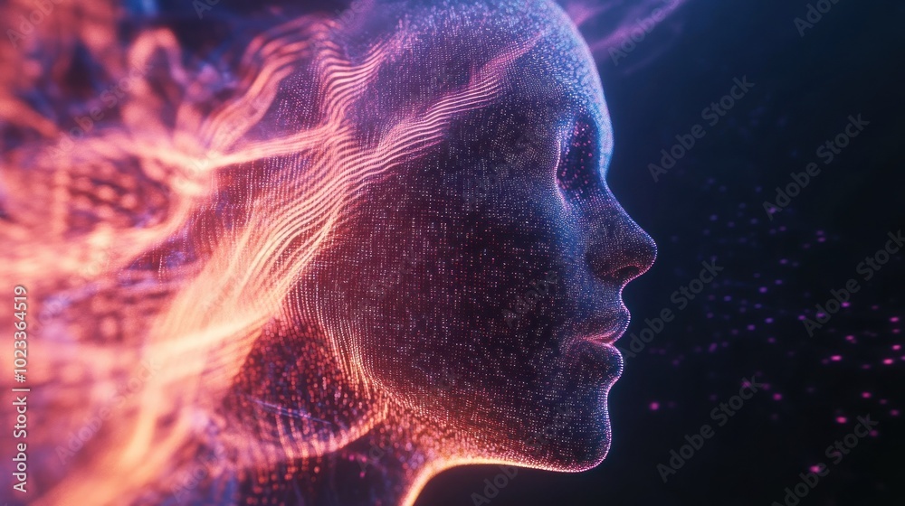 Artful digital face with glowing particles in motion Artful digital face with glowing particles in motion