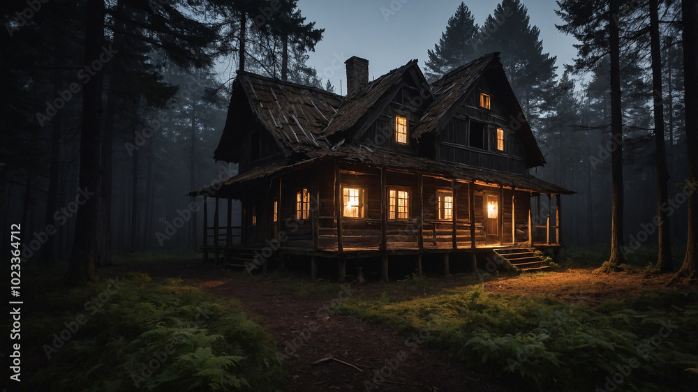 Rustic cabin glowing warmly in a dark, misty forest setting surrounded by tall, shadowy trees. Rustic cabin glowing warmly in a dark, misty forest setting surrounded by tall, shadowy trees.