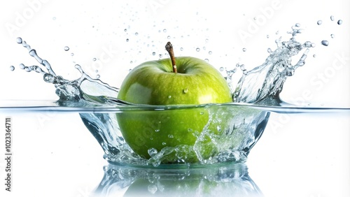 Green apple dropping in water splash on white background