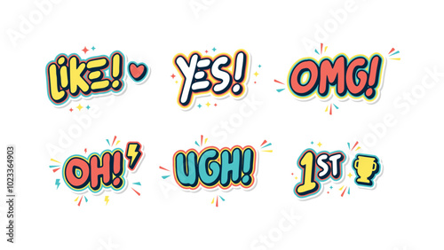 Sticker patches expression: Like, Yes, OMG, 1st. Trendy Flat Design Badges and Labels Featuring Cute typography Icons, All in Vector Illustration.