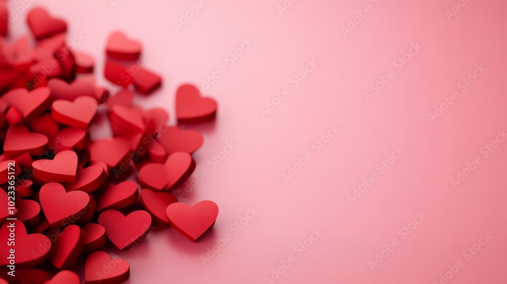 Soft pink and red gradient background with scattered heart-shaped confetti and a subtle glow, leaving empty space for text in the center Soft pink and red gradient background with scattered heart-shaped confetti and a subtle glow, leaving empty space for text in the center