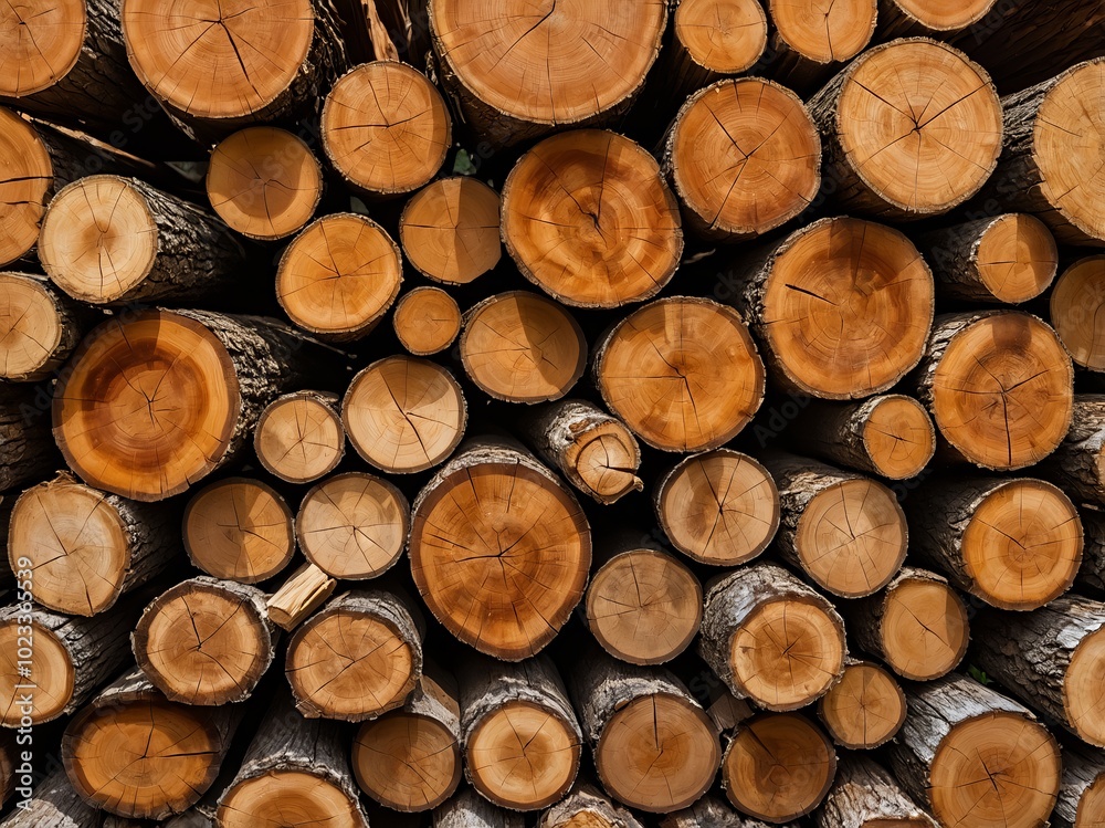 Neatly stacked cut logs. The logs are stacked horizontally, filling the entire frame, and have different diameters. The wood has a warm, golden-brown hue, textured bark on the edges. Neatly stacked cut logs. The logs are stacked horizontally, filling the entire frame, and have different diameters. The wood has a warm, golden-brown hue, textured bark on the edges.