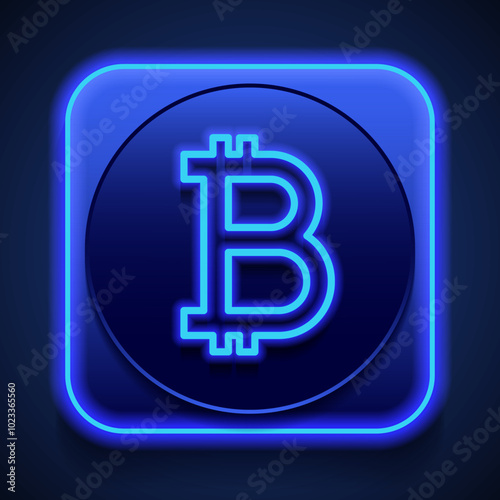 Bitcoin simple icon vector. Flat design. Blue neon style on button. With shadow