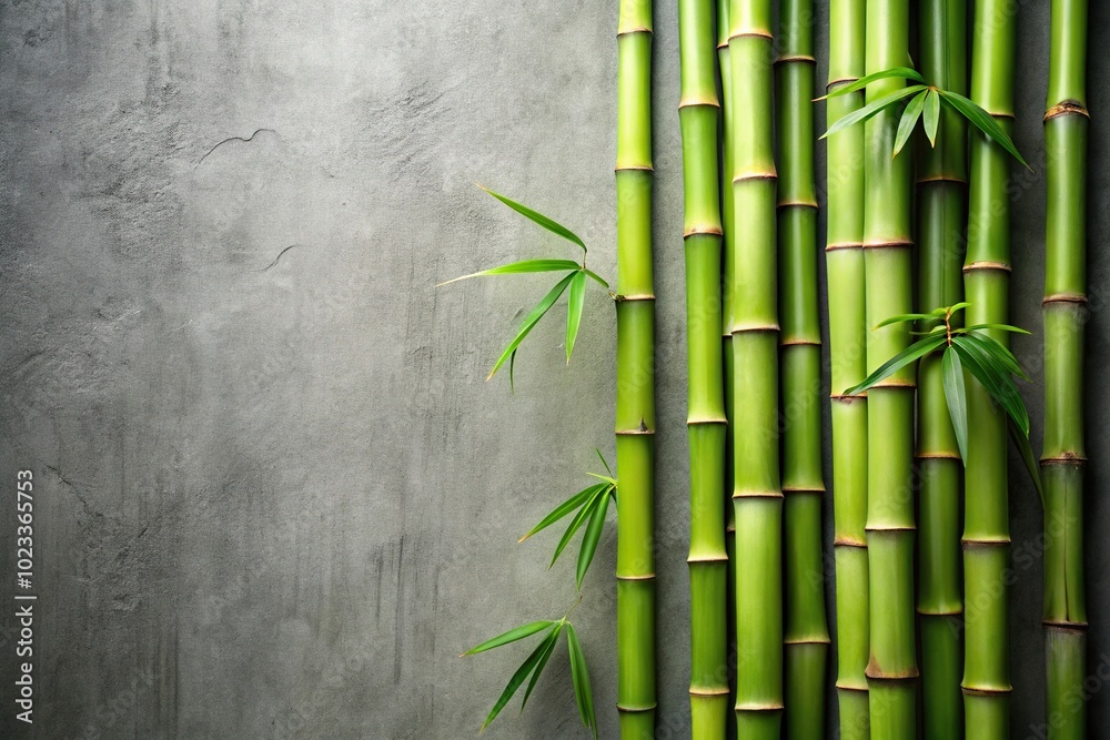 Naklejka premium Green bamboo stems against concrete grey wall tilted angle