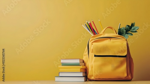 Vibrant 3D of a Child s Open Backpack with Scattered Assortment of Colorful School Supplies and Stationery Items Spilling Out photo