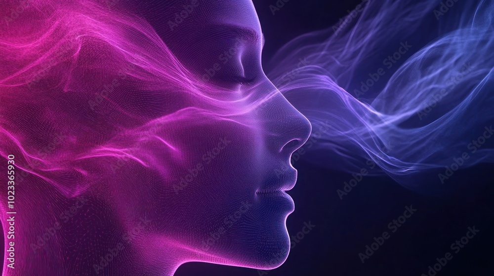 Ethereal face shrouded in flowing vibrant pink mist Ethereal face shrouded in flowing vibrant pink mist