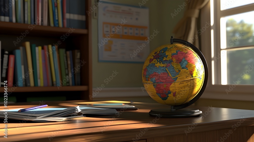 3D Depicting a Globe with Scattered Pens and Pencils on a Desk Representing the Concept of Global Learning and Education 3D Depicting a Globe with Scattered Pens and Pencils on a Desk Representing the Concept of Global Learning and Education