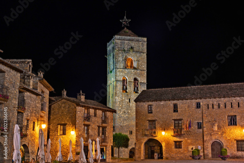 Nighttime View of Historic Stone Bell Tower