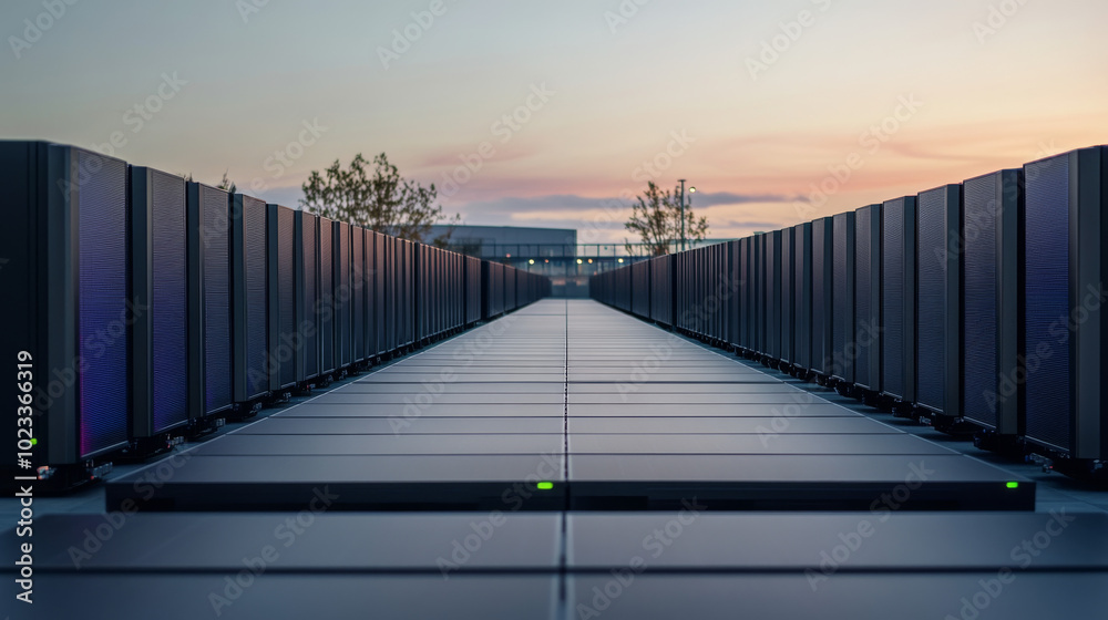 A long, narrow walkway lined with rows of black server racks under a twilight sky. A long, narrow walkway lined with rows of black server racks under a twilight sky.