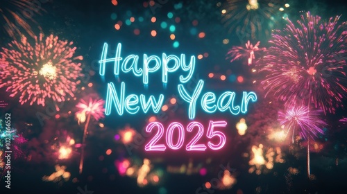 Happy New Year 2025 glowing in bright teal, surrounded by colorful fireworks lighting up the night.