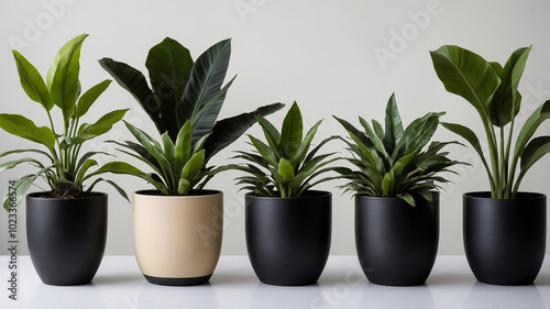 Elegant arrangement of five assorted potted houseplants against a soft neutral background on display.