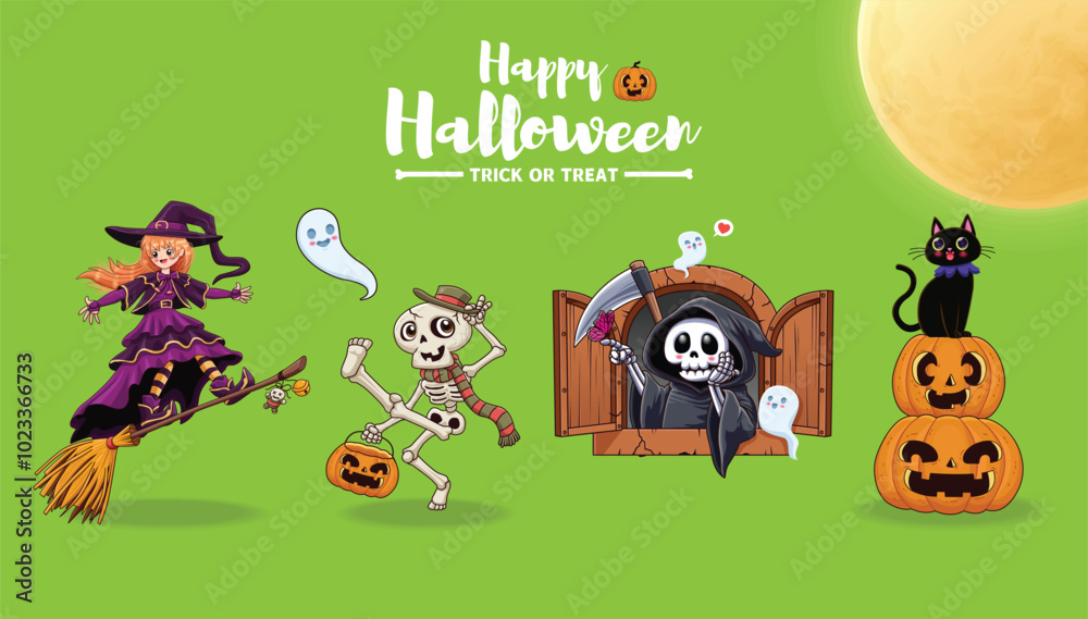 Obraz premium Vintage Halloween poster design with vector witch, skeleton, reaper, ghost, jack o lantern character. 