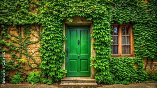 Green building with vines and window, panoramic view