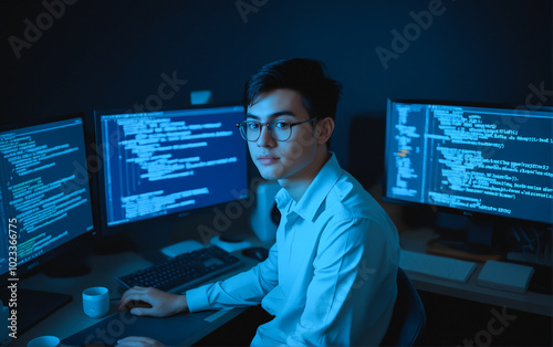 Young male programmer or administrator in a data center at his workplace in front of large monitors analyzes data or develops programs and applications.